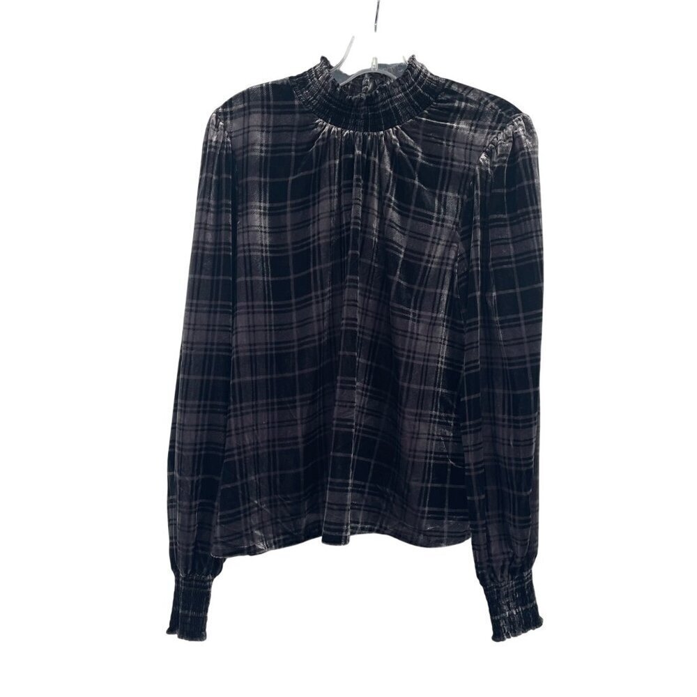 Evereve Womens Plaid Velour Top Mock Neck Long Sleeve Gray/Multi Size Large